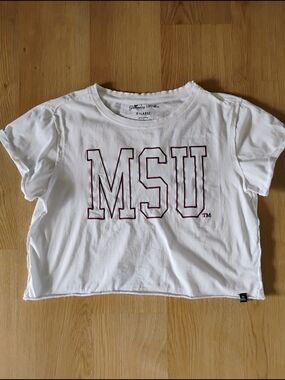 MSU White Cropped Tee with Maroon Outline